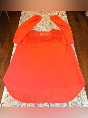 🔥 NWT Lily Star Bright Coral Lace Yoke Blouse | Size Medium 🔥